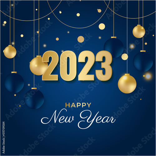 Happy new year 2023 square post card background for social media template. Blue and gold 2023 new year winter holiday greeting card template. Minimalistic trendy banner for branding, cover, card.