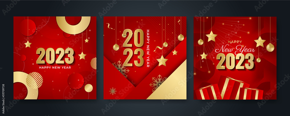 Happy new year 2023 square post card background for social media template. Red and gold 2023 new year winter holiday greeting card template. Minimalistic trendy banner for branding, cover, card. Happy new year 2023 square post card background for social media template. Red and gold 2023 new year winter holiday greeting card template. Minimalistic trendy banner for branding, cover, card.