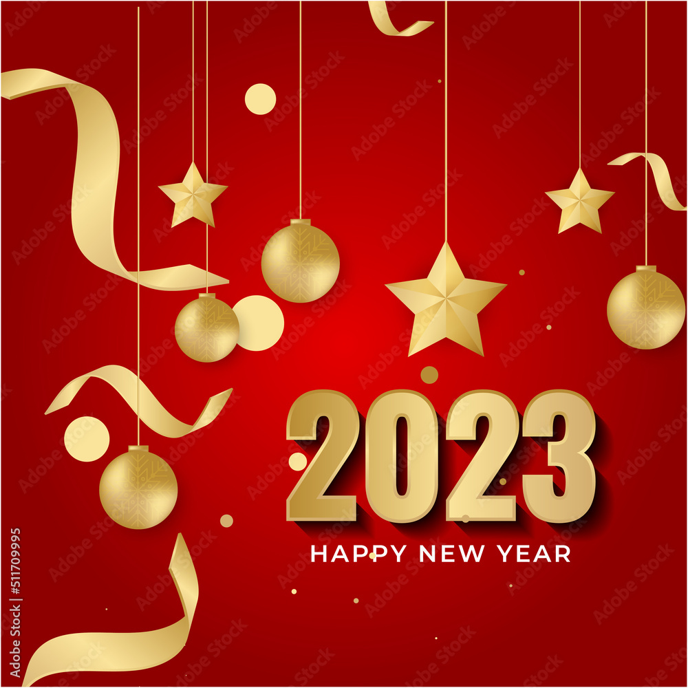 Naklejka premium Happy new year 2023 square post card background for social media template. Red and gold 2023 new year winter holiday greeting card template. Minimalistic trendy banner for branding, cover, card.