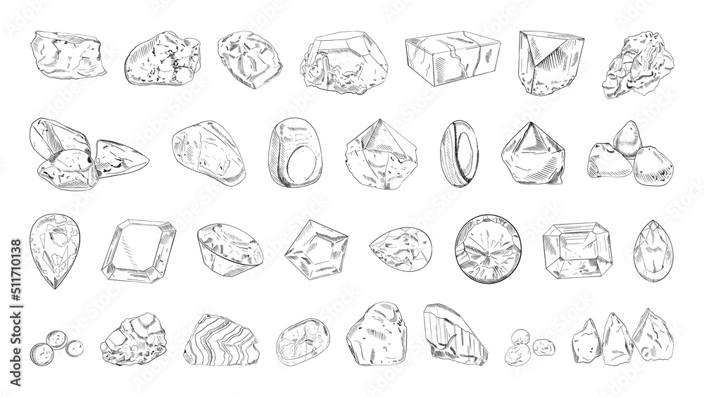 Collection of monochrome illustrations of precious and ordinary stones in sketch style. Hand drawings in art ink style. Black and white graphics. Collection of monochrome illustrations of precious and ordinary stones in sketch style. Hand drawings in art ink style. Black and white graphics.