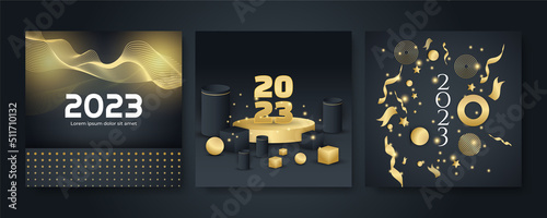 Happy new 2023 year elegant gold text with light. Minimal text template on black background