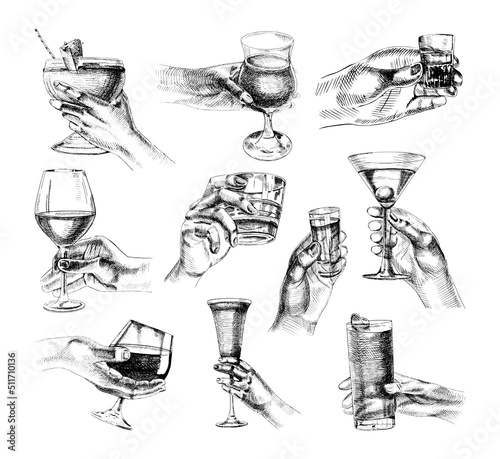 Collection of monochrome illustrations of hands holding alcohol in sketch style. Hand drawings in art ink style. Black and white graphics.