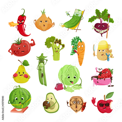 Set of conceptual illustrations with vegetables and fruits. Comic cartoon characters.