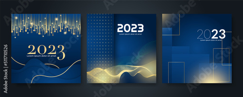 Happy new year 2023 square post card background for social media template. Blue and gold 2023 new year winter holiday greeting card template. Minimalistic trendy banner for branding, cover, card.