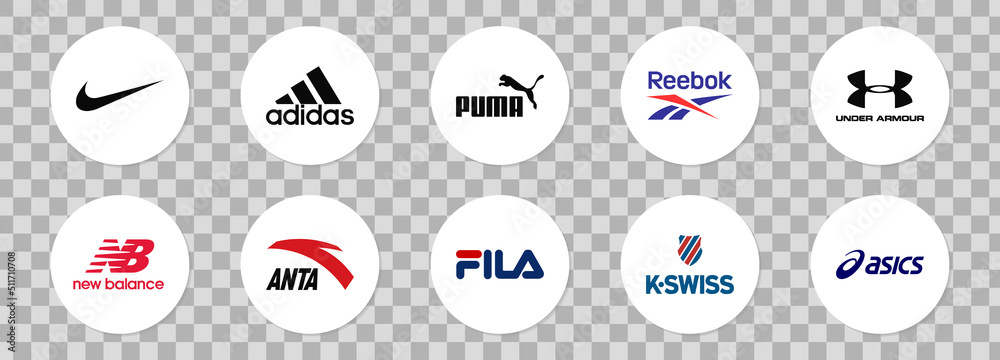 Sportswear logos. Nike, Adidas, Puma, Reebok, Under Armour, New Balance,  Anta, Fila, K-swiss, Asics. Famous brands. Vector. VINNYTSIA, UKRAINE -  JUNE 18, 2022 Stock ベクター | Adobe Stock