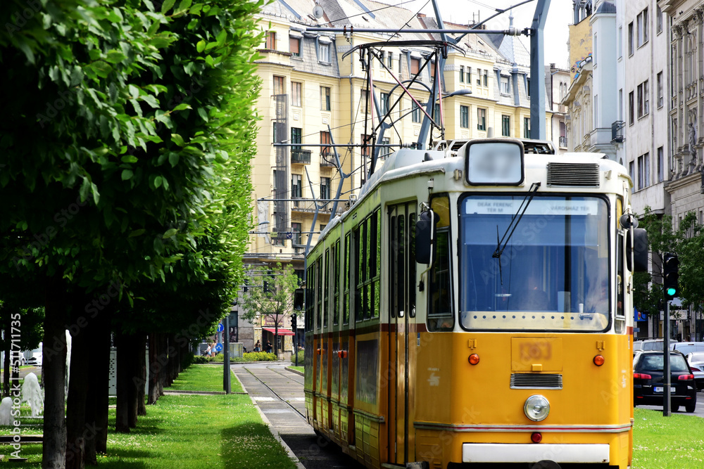 Streetscape in Budapest with yellow tram and lush green trees. summer scene. travel and tourism concept. residential buildings in the background