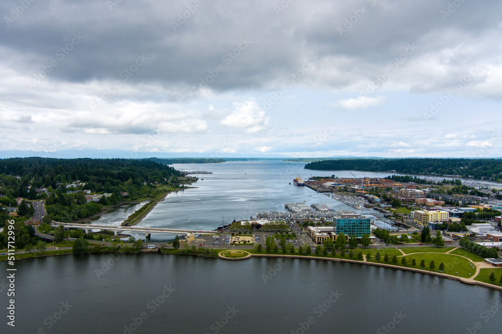Aerial view of the Olympia, Washington waterfront 