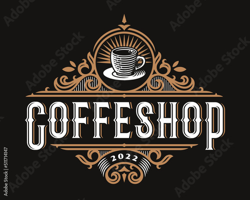 Coffee shop vintage golden luxury vector emblem, label , badge for your logo or crest with baroque ornaments.