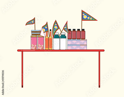 Cute snack and cookies containers and triangle flags on the red table for Taiwan ghost festival in flat simple cartoonish illustration art design