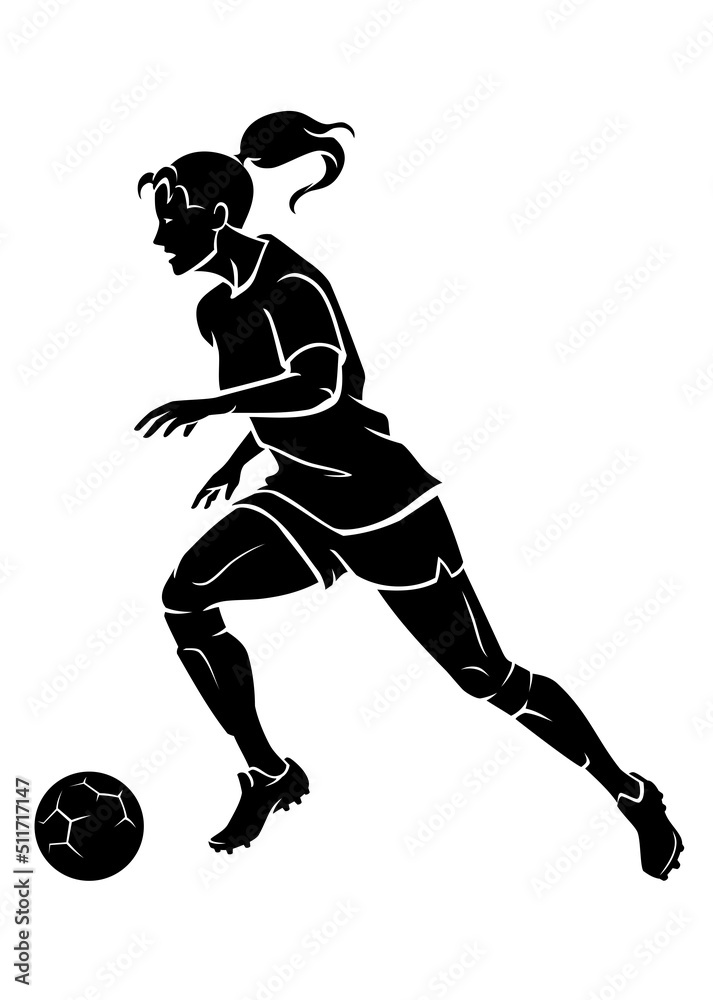 Female Soccer Kicking the Ball, Side View Sport Silhouette