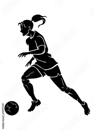 Female Soccer Kicking the Ball, Side View Sport Silhouette