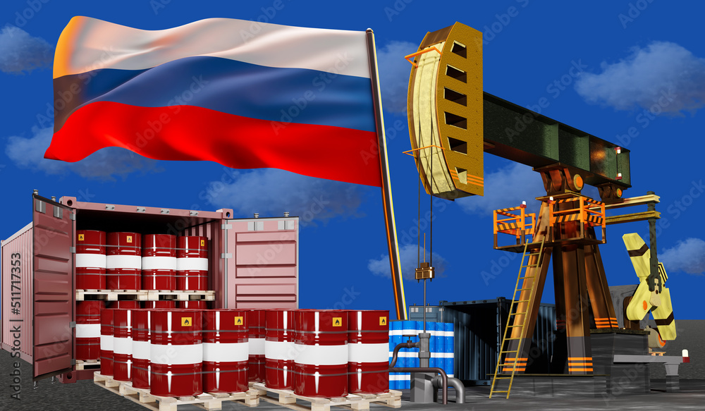Container Field Oil field with flag Russia. Urals oil production. Concept extraction ...