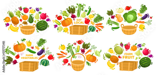 Vector set of healthy vegetables and fruits in basket.