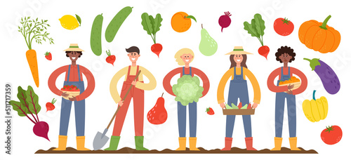 Vector set with farmers holding baskets with fruits and vegetables