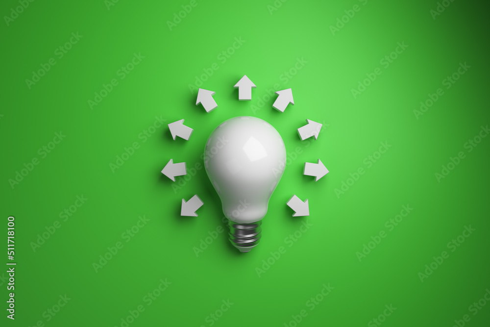 Light bulb with arrows on a green background top view. 3d rendering ...
