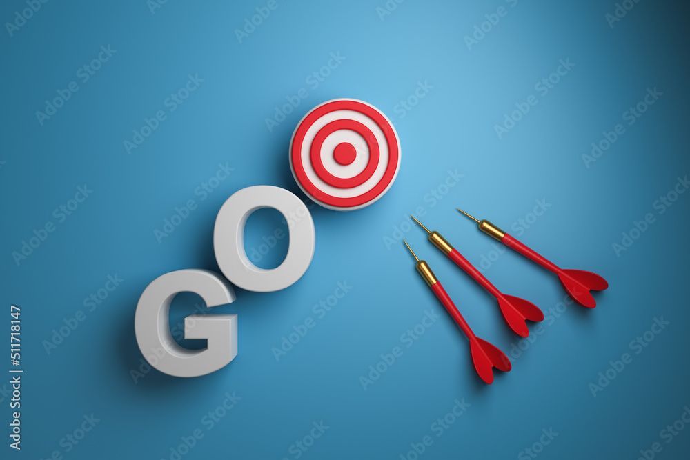 3D volumetric text GO with target and dart on a blue background. 3d rendering. 3D volumetric text GO with target and dart on a blue background. 3d rendering.