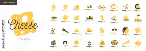 Cheese Food Logo, Restaurant logo, food and cooking logo, vector logo template. Large set of creative logos on the theme of cheese. Cheese house, a smiling character with a cheese head.