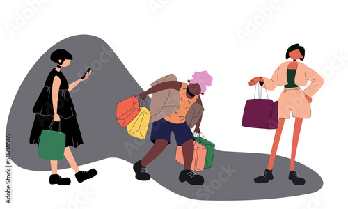 Collection of people carrying shopping bags with purchases. 
Woman standind and wainting with bags. Cartoon characters isolated on white background. Flat vector illustration.
 photo