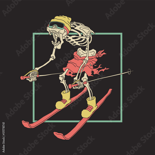 retro illustration of skeleton playing ski