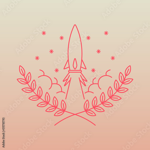 simple line art logo of wreath leaves with launched rocket
