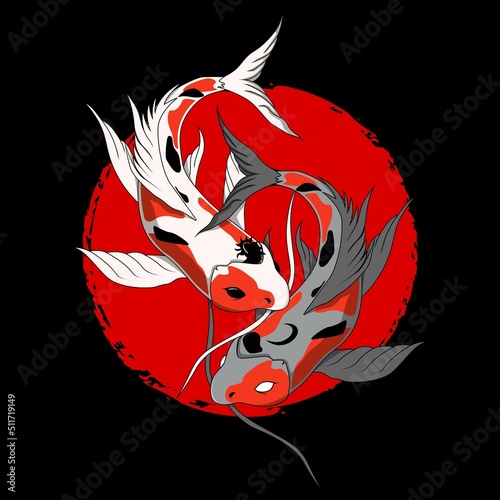 Vector Art of Two Koi Carp Fishes on Painted Red Circle Illustration. Designs for T-shirts, Tattoos, Stickers, Gaming Logos or Posters
