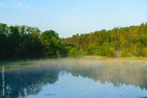 summer lake with morning fog, morning fog on a lake