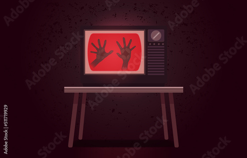 Spirit hand inside the screen of vintage television on red grunge background. Illustration about horror scary movie, zombie, monster, ghost.