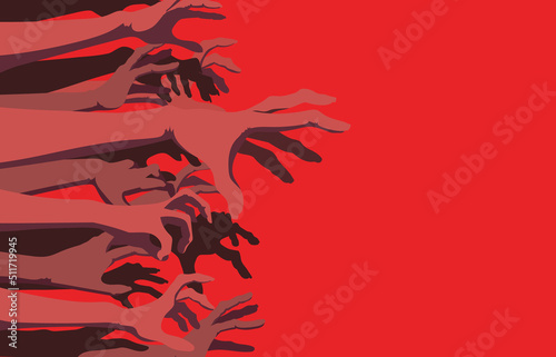 Silhouette's bloodthirsty zombie hand and arm reach out to kill on the red background. Illustration about Halloween monster and spirit concept.