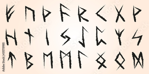Hand-drawn 24 Scandinavian runes. Textured brush. Vector illustration highlighted on a light beige background. Esotericism. A collection of symbols for mystical, occult, magical design.