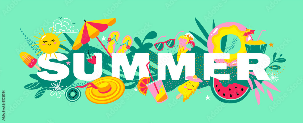 Summer mood vector banner template. Summer banner with elements such as sun, fruits, ice cream, umbrella, beach shoes and palm leaves.