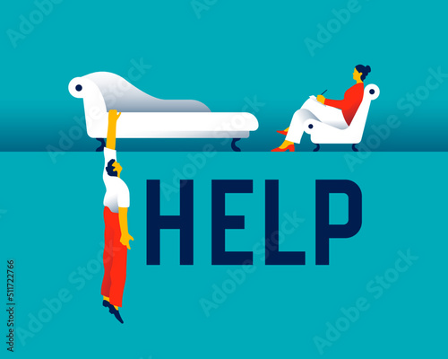 Man hanging from a psychologist's sofa asking for help from the Psychologist.  The counselor supports the man with psychological problems. Mental health aids. Vector illustration.