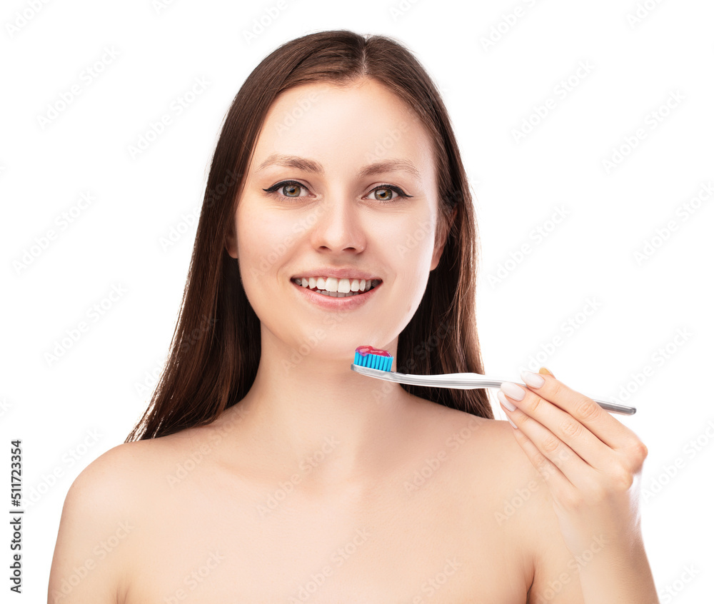 Portrait of cute woman brushes her teeth isolated on white. Close up poster concept
Portrait of cute woman brushes her teeth isolated on white. Close up poster concept