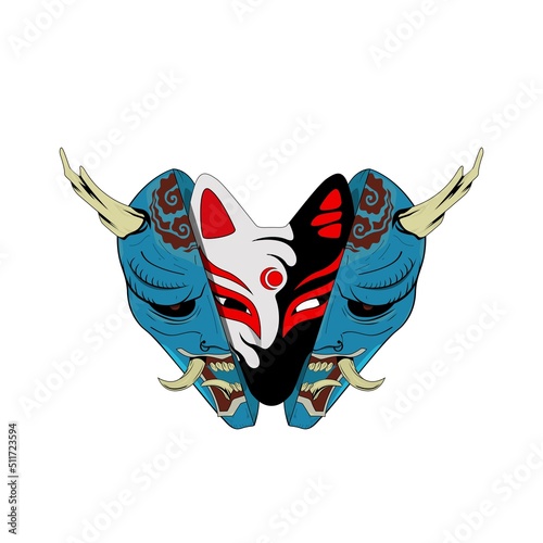 Oni Devil and Kitsune Traditional Japanese Demon Mask with Venom on Kitsune Mask.Designs for T-shirts,Costume, Tattoos, Stickers, Gaming Logos or Posters
