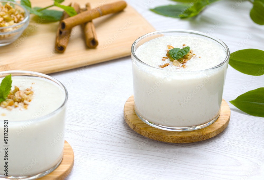milkshake with walnut pieces and a sprig of fresh mint. gealthy eating milkshake with walnut pieces and a sprig of fresh mint. gealthy eating