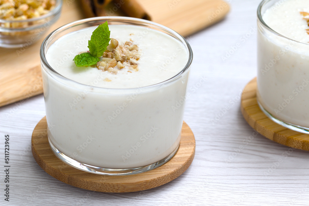 milkshake with walnut pieces and a sprig of fresh mint. gealthy eating milkshake with walnut pieces and a sprig of fresh mint. gealthy eating