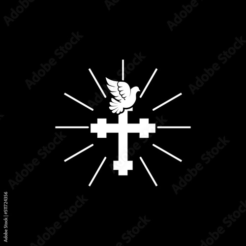 Graphic cross and dove logo isolated on dark background