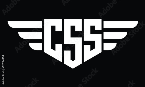 CSS three letter logo, creative wings shape logo design vector template. letter mark, wordmark, monogram symbol on black & white.	