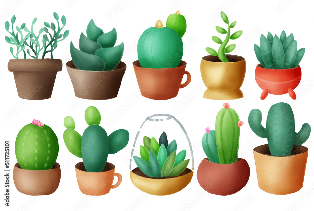 Watercolor painting of cactus set in a pot on a white background. Hand painted. Vector illustration set. Suitable for wallpaper, patterned fabric, printed background, stickers. Watercolor painting of cactus set in a pot on a white background. Hand painted. Vector illustration set. Suitable for wallpaper, patterned fabric, printed background, stickers.