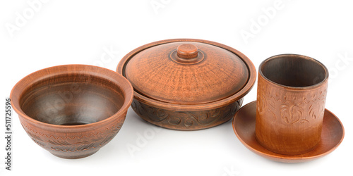 Collection clay utensils isolated on white