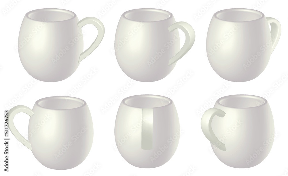Mug mockup set. Collection of white mugs in different position. 3D rendering coffee, tea, hot chocolate mock ups, vector illustration. Mug mockup set. Collection of white mugs in different position. 3D rendering coffee, tea, hot chocolate mock ups, vector illustration.