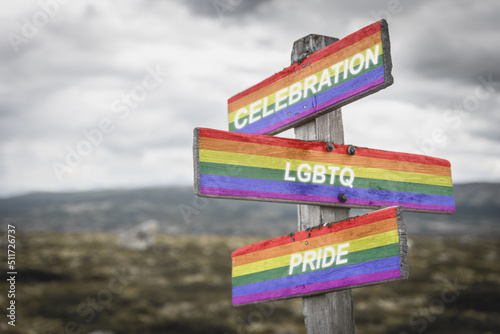 celebration lgbtq pride text quote on wooden signpost crossroad outdoors in nature. Freedom and lgbtq community concept.