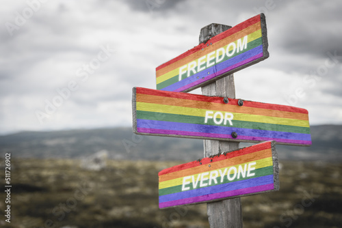 freedom for everyone text quote on wooden signpost crossroad outdoors in nature. Freedom and lgbtq community concept.