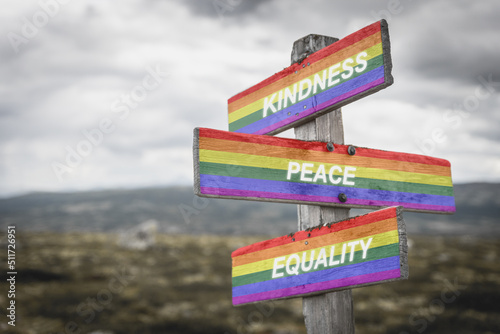 kindness peace equality text quote on wooden signpost crossroad outdoors in nature. Freedom and lgbtq community concept.