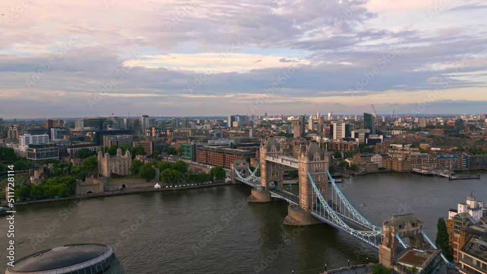 Aerial view over Tower Bridge and River Thames in London at sunset - travel photography Aerial view over Tower Bridge and River Thames in London at sunset - travel photography