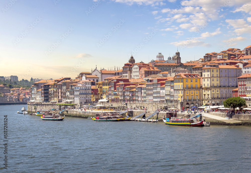 Panoramic view of Old city of Porto and Ribeira over Douro river. Porto, Portugal