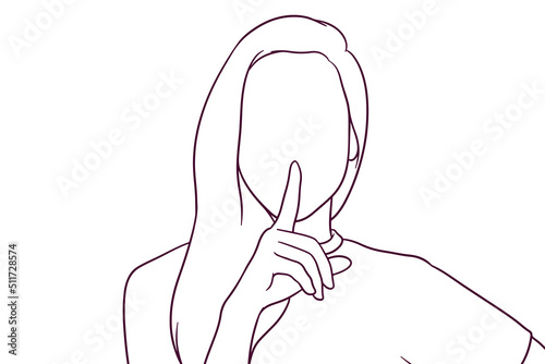 young beautiful women showing silent gesture. privacy concept. hand drawn style vector illustration