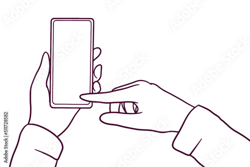 hands holding a smartphone. finger taps on phone screen. hand drawn style vector illustration