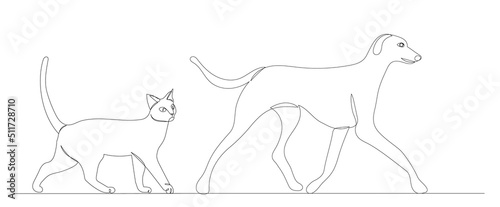 dog and cat drawing by one continuous line, sketch vector