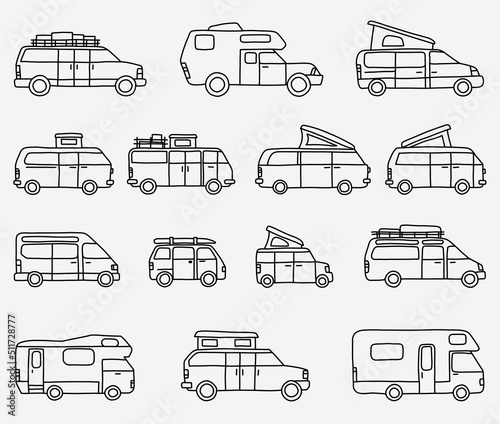 Camping car and recreation vehicle doodle freehand drawing collection.