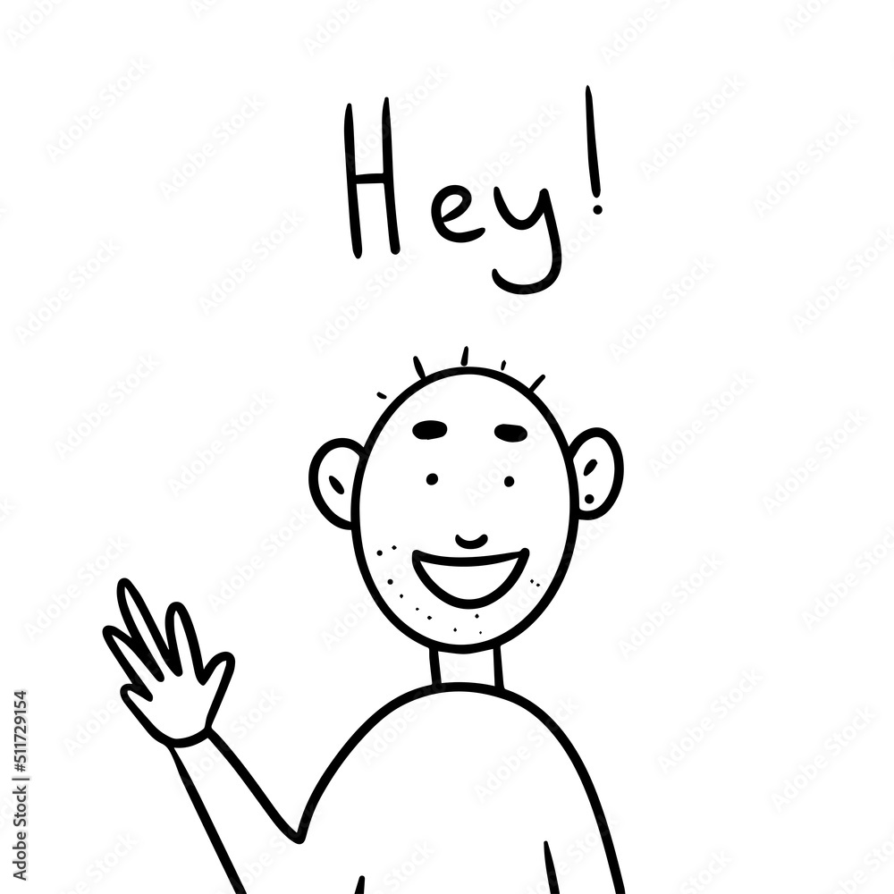 The man smiles and waves his hand. Positive person. Cartoon style. Hand drawn. Black and white vector illustration isolated on white background. The man smiles and waves his hand. Positive person. Cartoon style. Hand drawn. Black and white vector illustration isolated on white background.